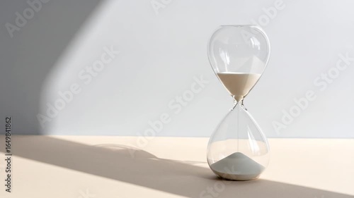 Hourglass Displaying Sand Flowing on Beige Table Under Soft Lighting Against a White and Gray Background