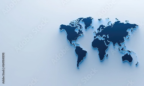 Fototapeta Naklejka Na Ścianę i Meble -  Raised dark blue world map, floating on a light blue background. Landmasses detailed with thin blue outlines, creating a dimensional, textured effect. Minimalist, clean design