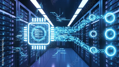 Technological data flow concept AI processing within a modern data center infrastructure