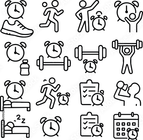 Daily Routine, Fitness, Wellness Icon Set, Fitness and wellness icon set for daily routines. Perfect for apps, web, and print.
