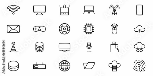 Collection of outline icons representing technology, communication and data related symbols in a grid