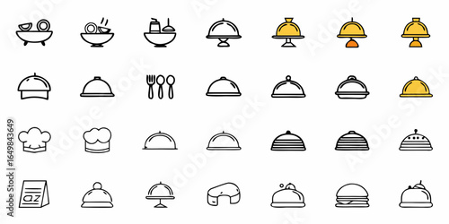 Collection of restaurant icons featuring food dishes, cloches, cutlery, and chef hats icons set icons
