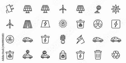 Illustration showing a variety of renewable energy and sustainability related icons in a simple line art style