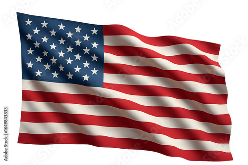 A waving american flag with stars and stripes against a white background