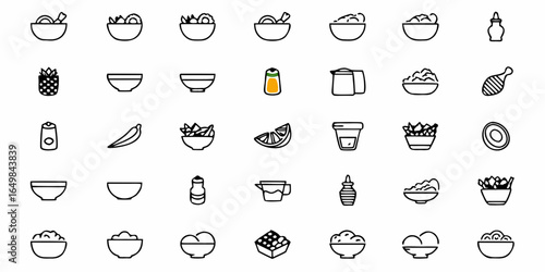 Collection of food items including bowls of salad fruit and other ingredients in a simple line art style