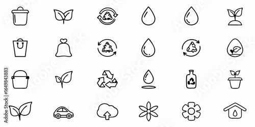 A collection of environmental conservation icons including recycling and nature symbols in line art style