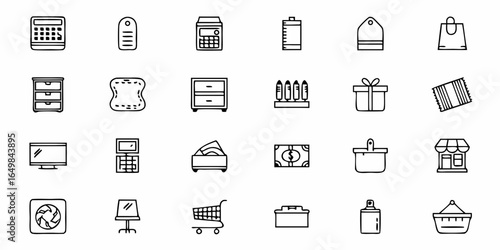 Collection of various household and shopping related icons in a minimalist line art style graphic design