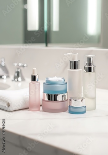 Variety of skincare and cosmetic products on a marble bathroom counter.
