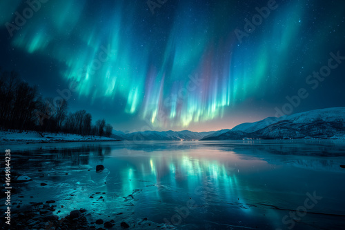 Wallpaper Mural aurora borealis, northern lights, frozen lake, reflection, colorful sky, winter landscape, arctic, nature wonder, vivid colors, night sky, Iceland, Lapland, wilderness, stars, magical, surreal, specta Torontodigital.ca