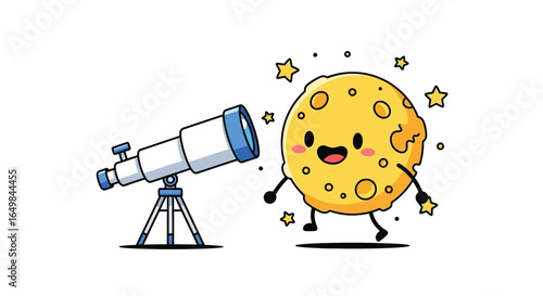 Cartoon Moon Character Walking Toward Telescope