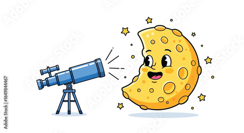 Cartoon Moon Character Walking Toward Telescope