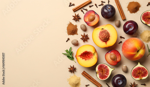  Peach, Pomegranate, Cinnamon Sticks, and Dried Plums Scattered with Empty Text Space.png