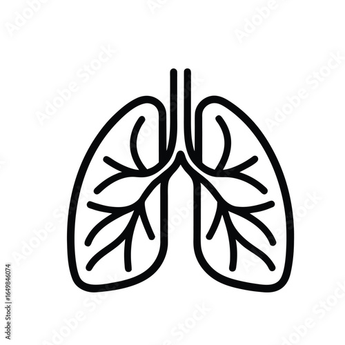 "Vector Lungs Icon – Black and White Line Drawing of Human Respiratory System with Trachea, Bronchi, and Branching Bronchial Tubes – Flat Design Representing Lung Health, Breathing, and Medical Anatom