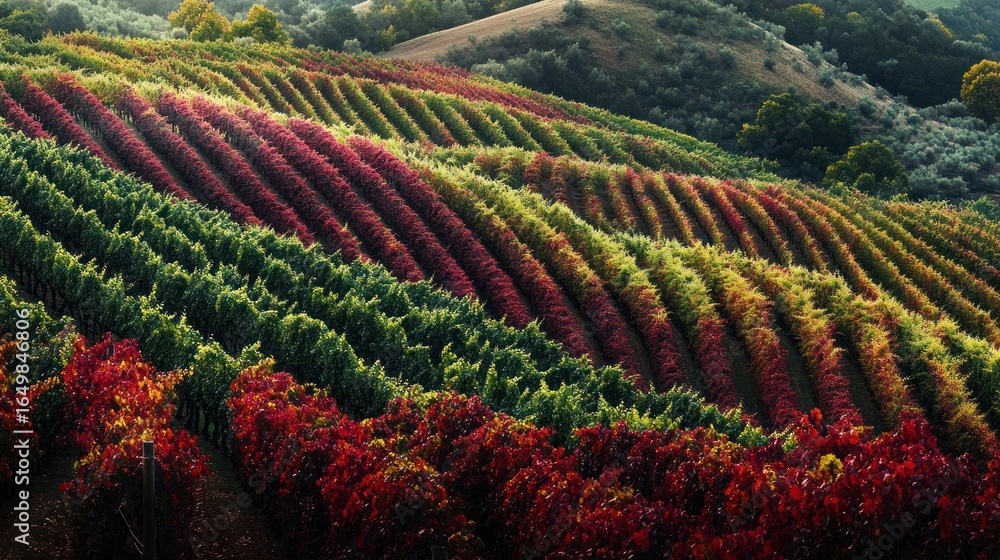 Fototapeta premium Tuscan Vineyard in Autumn Colors. Rolling Hills and Sunlit Valley in Background