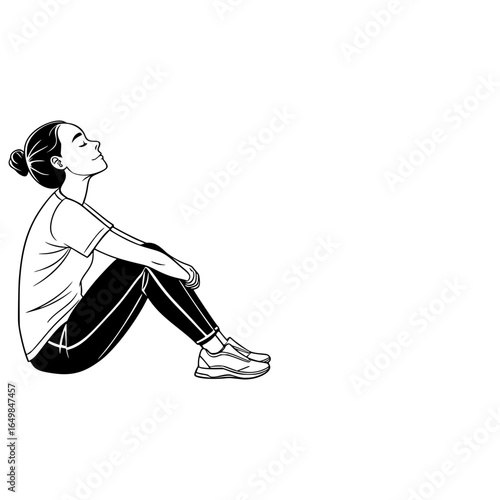 A woman in sportswear sitting with her knees up and looking up with a peaceful expression on her face