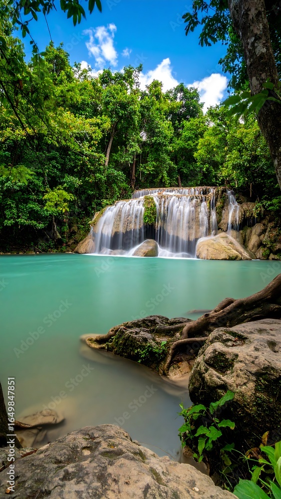 Naklejka premium Lush waterfall cascading into turquoise pool