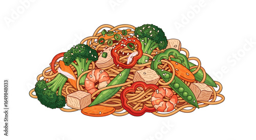 Delicious Vegetable Shrimp Noodle Stir Fry Dish Isolated on Transparent Background