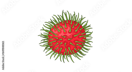 Detailed Illustration of a Red Coronavirus Particle with Green Spikes Isolated on Transparent Background Scientific Representation