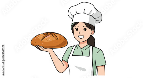 Happy Baker Woman Proudly Presents Freshly Baked Artisanal Bread Isolated on Transparent Background