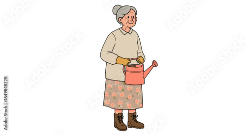 Smiling elderly woman gardener holding watering can isolated on transparent background with plants