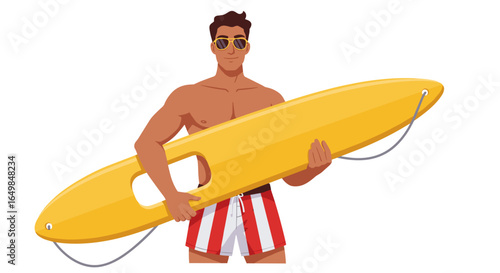 Young Muscular Lifeguard Standing Beach Holding Rescue Tube Isolated on Transparent Background