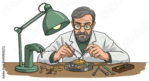 Skilled elderly watchmaker meticulously repairing a complex timepiece using precision tools with intense focus isolated on transparent background