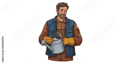 Gardener tending to plants with watering can thoughtful man working in garden isolated on transparent background