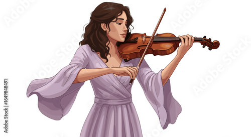 Beautiful Woman Playing Violin with Graceful Movement Isolated on Transparent Background