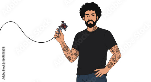 Tattoo Artist with Numerous Skin Designs Holds Tattooing Machine Isolated on Transparent Background Skillful Creative Professional Crafting Art