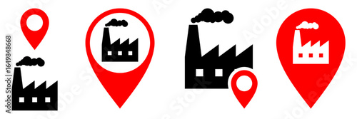 Factory location with pin map vector. A clean, modern icon for industrial sites, logistics, manufacturing, and business locations. Ideal for transport, production, and manufacturing industry projects.