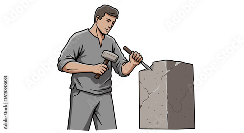 Skilled craftsman meticulously carving stone sculpture with hammer and chisel isolated on transparent background