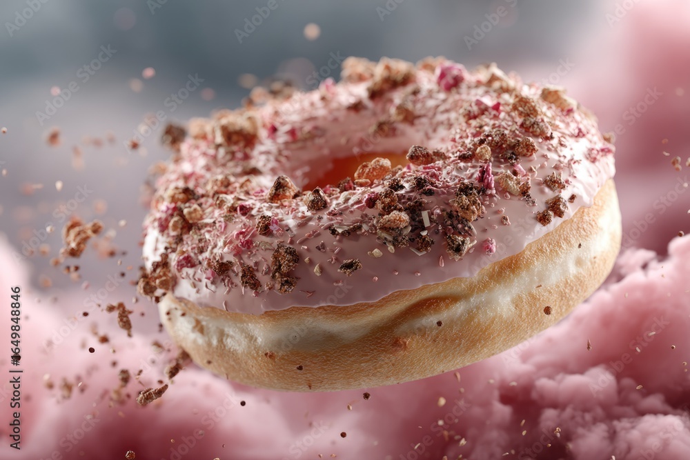 Fototapeta premium Doughnut joy: sweet indulgence, warm glaze, golden perfection, soft dough, sugary goodness, delightful texture, crispy edges, irresistible pastry, satisfying treat, morning bliss, classic snack.