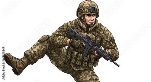 Aggressive Soldier Advancing With Rifle Isolated On Transparent Background for Combat and Military Themes