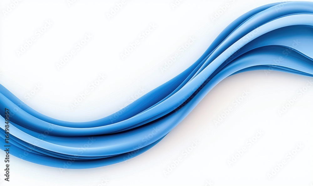 Fototapeta premium Wavy blue ribbon flowing across a white background. Soft shadows create depth and dimension. The ribbon appears smooth and glossy. Simplicity and elegance conveyed