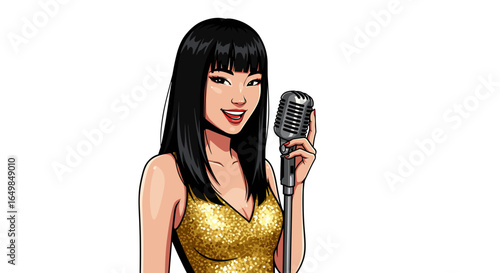 Beautiful Asian Woman Singer Performing Joyfully with Microphone Isolated on Transparent Background Glamorous