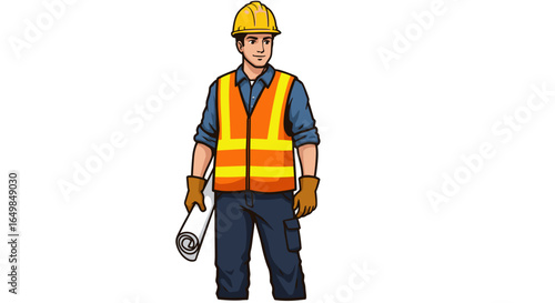 Skilled construction worker in safety vest holding blueprint plans isolated on transparent background