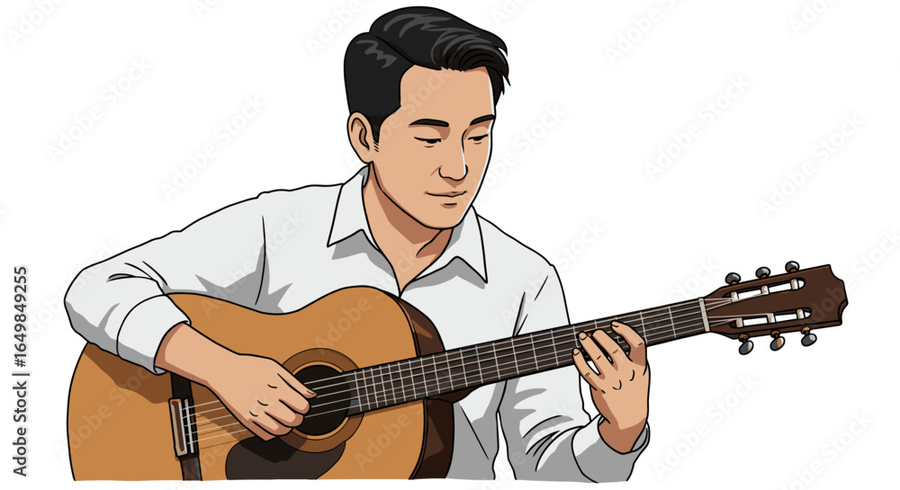 Obraz premium Skilled Musician Playing Acoustic Guitar With Focused Expression Isolated on Transparent Background