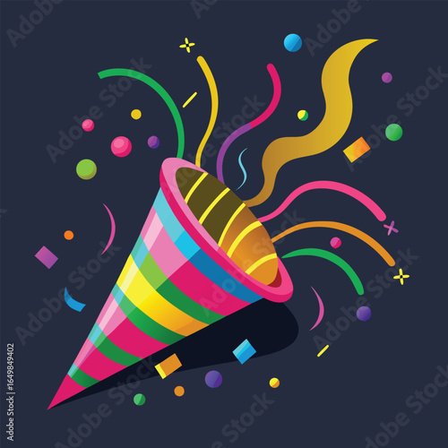 Bright confetti explodes from a party popper on a dark background