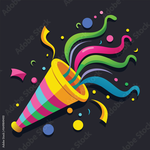Bright confetti explodes from a party popper on a dark background