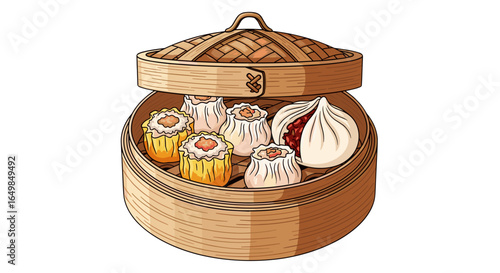 Delicious Steamed Dim Sum Dumplings and Bao Buns in Bamboo Steamer Basket Isolated on Transparent Background