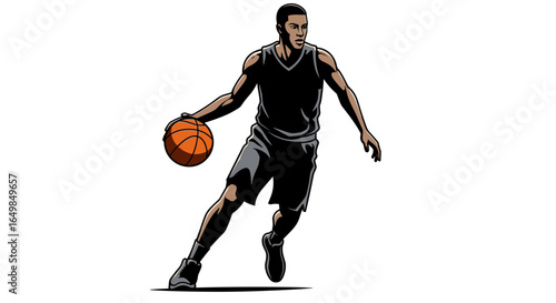 Athletic Basketball Player Dribbling Ball During Intense Sports Game Isolated on Transparent Background