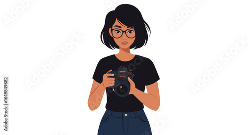 Creative young woman photographer holding professional camera ready to capture moments isolated on transparent background