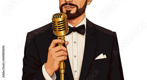 Elegant Man in Black Tuxedo Holding Vintage Gold Microphone Isolated on Transparent Background Ready to Perform
