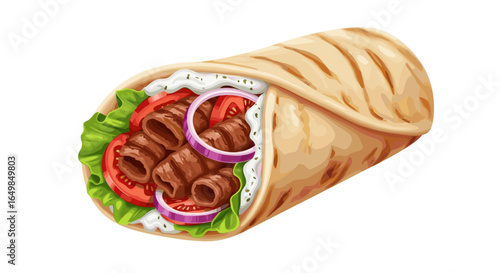 Delicious Gyro Wrap Filled with Grilled Meat Fresh Tomatoes Lettuce and Onions Isolated on Transparent Background