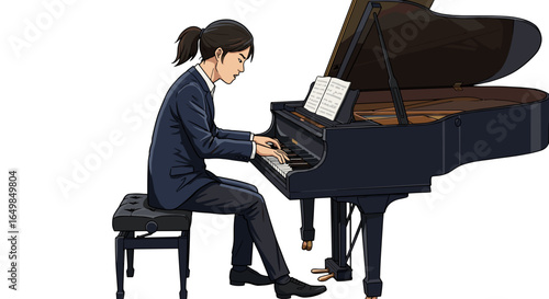 Talented Pianist Plays Grand Piano with Skill and Grace isolated on transparent background