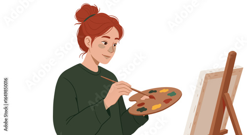Young Woman Artist Happily Painting Creative Artwork on Canvas with Paint Palette Isolated on Transparent Background