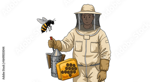 Beekeeper Man in Protective Suit Holding Honeycomb and Smoker with Bee Flying Isolated on Transparent Background