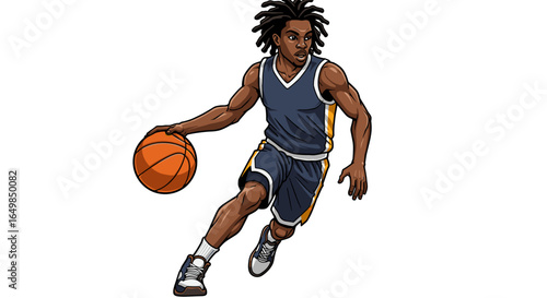Young Black Basketball Player Dribbling Ball with Intense Focus Isolated on Transparent Background