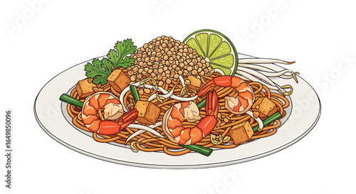 Delicious Pad Thai Noodles with Shrimp and Tofu Isolated on Transparent Background