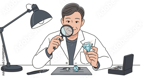 Expert jeweler examining a sparkling diamond with a magnifying glass in a bright studio isolated on transparent background